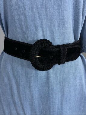 A. Brod Womens belt Sz Small long Black velvet wide Braided Buckle